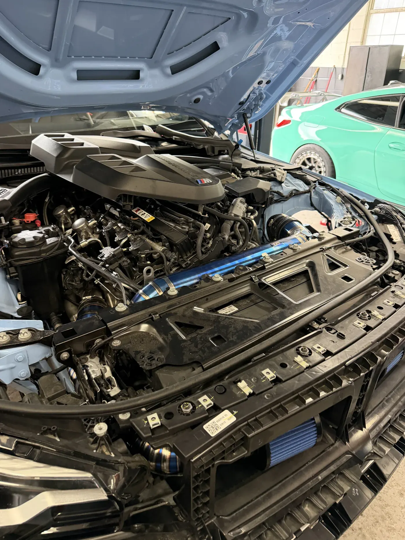 Engine bay with the front end opened up