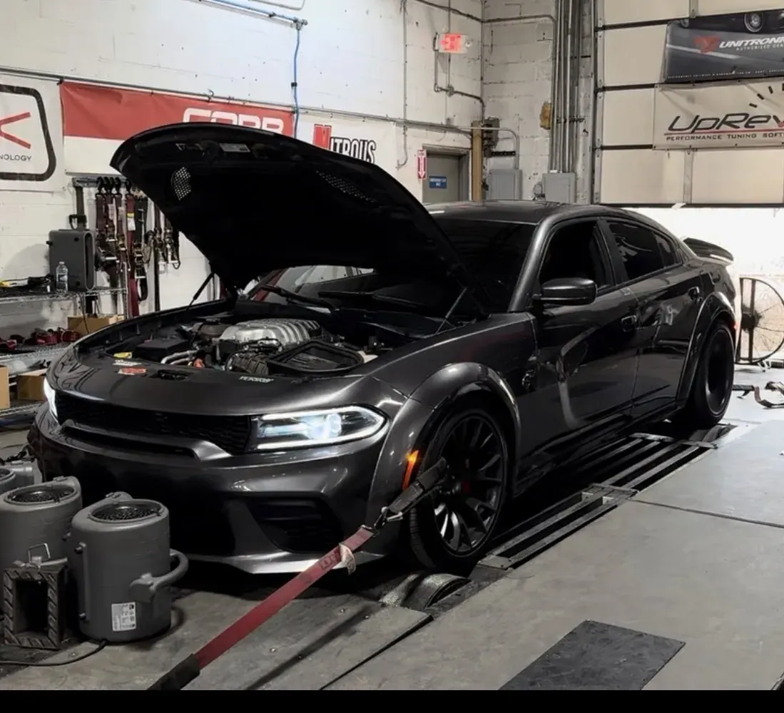 Dodge Charger on the dyno with the hood up