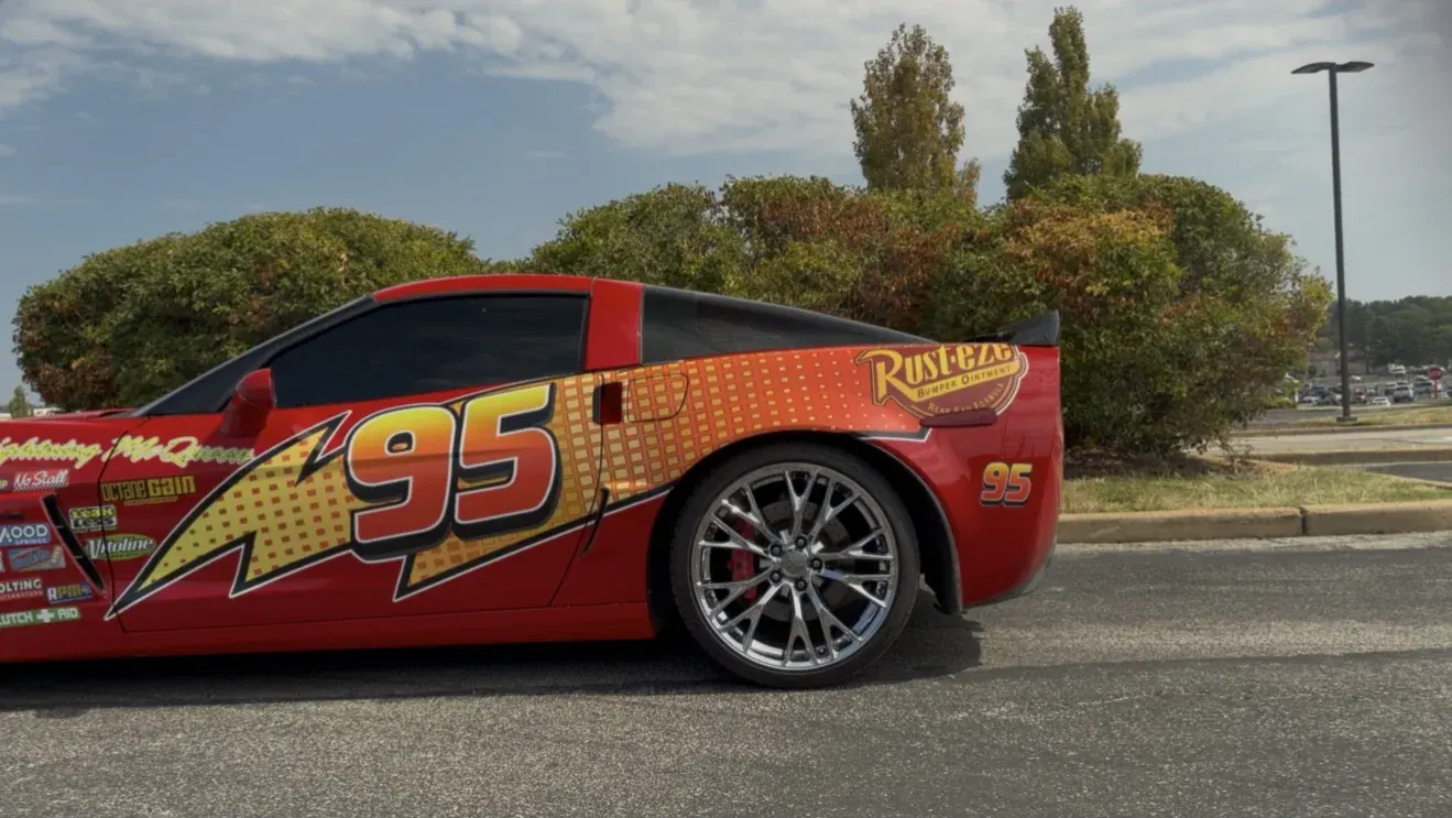 Lightning McQueen wrap on a Corvette, side view